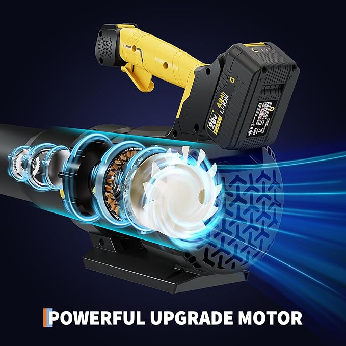 Electric Leaf Blower - 650CFM &amp 200MPH Leaf Blower Cordless with 20V 4.0Ah Battery and Charger Variable Speed Powered Leaf Blowers for Lawn Care Blowing Leaves Dust Snow - Yellow