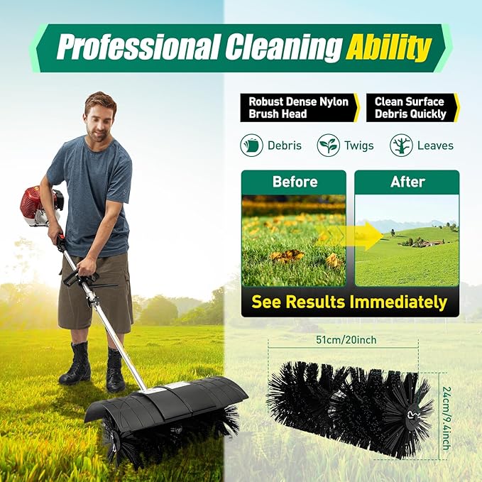 Gas Handheld Sweeper 52CC 2.3HP Gas Powered Artificial Lawn Sweeper Air Cooled Fuel Engine Gas Power Sweeping Broom Machine for Artificial Lawns Driveways Construction Site Sweeping