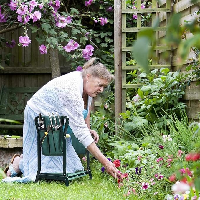 2-in-1 Garden Kneeler &amp Seat Folding Seat w/EVA Foam Kneeling Pad &amp Removable Tools Pouch Sturdy Steel Frame No Assembly Portable Heavy Duty Garden Stool for Women &amp Men