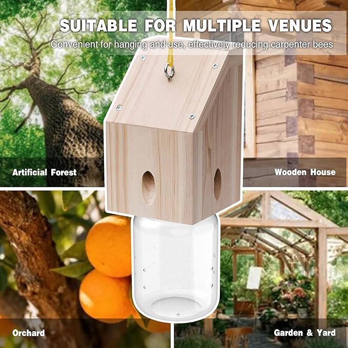 Carpenter Bee Trap for Outside - Shed Style Nature Hanging Wood Trap for Outdoor with Removable Bee Vault Plastic Jar (4 Pack)