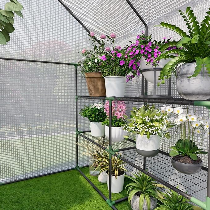 Greenhouse for Outdoors Small Greenhouse Walk-in Greenhouses with 3 Tiers 8 Shelves PE Cover Heavy Duty Plant Greenhouses for Garden and Backyard