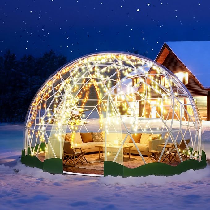 12FT Garden Dome Tent Geodesic Dome Greenhouse with PVC Clear Cover Waterproof Garden Bubble Dome Tent House with 2 x 10M Light Strings for Outdoor Patio Party Green Edge 12.5FT/3.81M