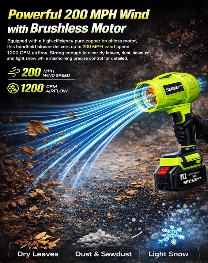 980000 RPM Cordless Leaf Blower with 1200g Thrust 1200 CFM &amp 200 MPH Airflow Ultra-Light Turbo Handheld Blower for Patio Lawn Leaves Car Drying (1 * 10 Batteries Set)