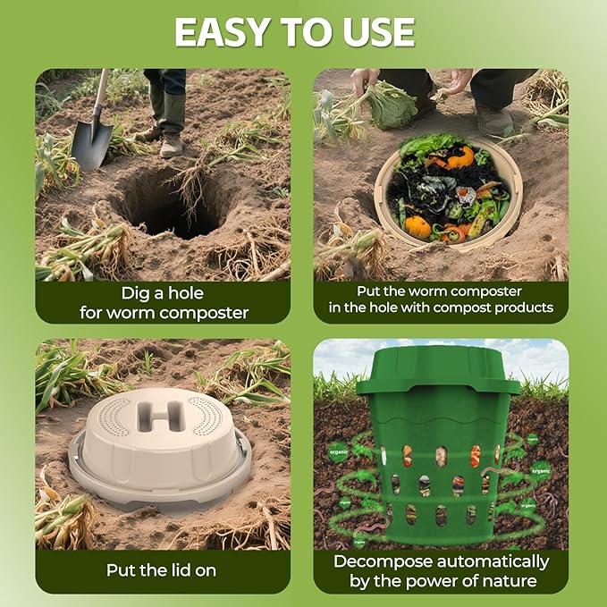 2-Pack Inground Worm Composter 8L Outdoor Worm Farm Worm Compost Bin for Garden Beds &amp Home Use Vermicomposting Bin for Recycling Food Waste (9.5x9.5x10.8Inch) Beige