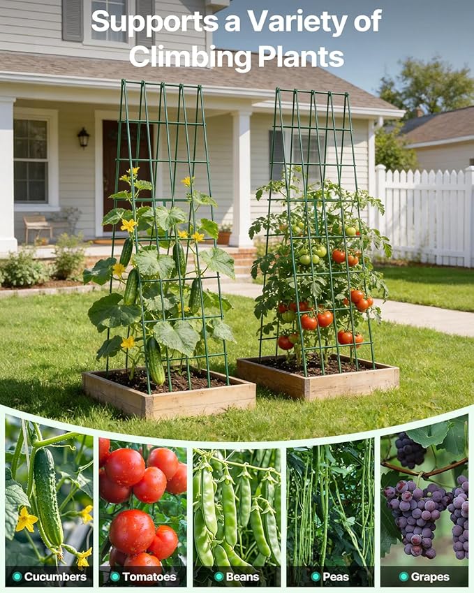 Suteck A-Frame Cucumber Trellis 59.4 2 Pack - Metal Garden Trellis for Cucumbers Peas Beans &amp Climbing Plants Foldable Outdoor &amp Indoor Vegetable Support for Raised Beds Patios &amp Back