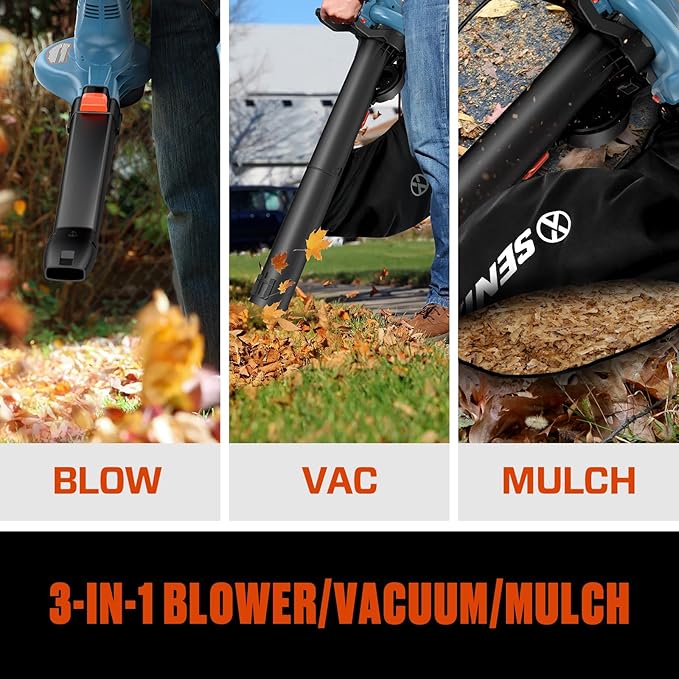 SENIX 12 AMP Leaf Blower 3-in-1 Handheld Electric Leaf Blower Vacuum and Mulcher 420 CFM 179 MPH AirflowCorded Blowers with Reusable Collection Bag (BLVE12-M)