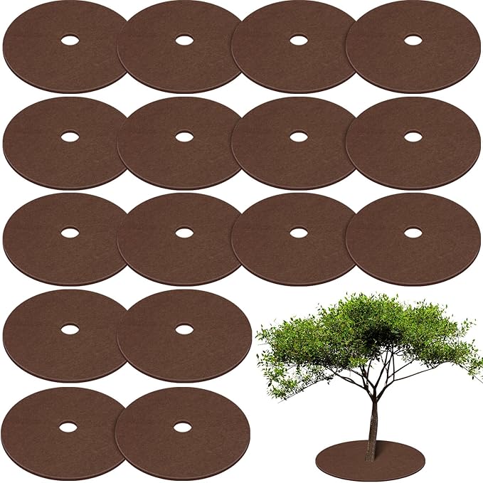 Shimeyao 16 Pcs 32.2 Inch Non Woven Tree Mulch Ring Round Tree Weed Barrier Mat Reusable Landscape Protector Base Barrier Fabric for Weed Root Protection (Coffee)