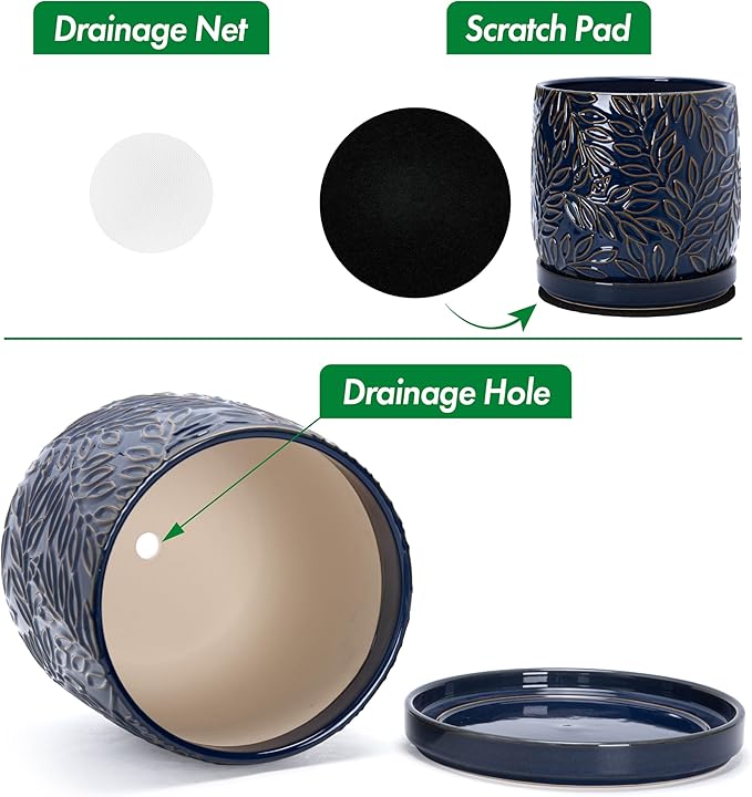 D'vine Dev 8 Inch Embossed Leaves Stoneware Planter Pot with Drainage Hole and Saucer Midnight Blue 27-A-Q-3