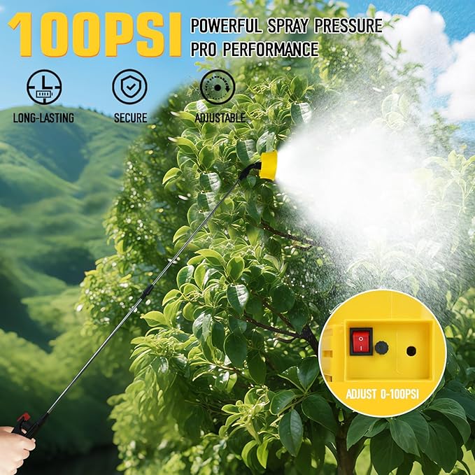 Battery Powered Backpack Sprayer 5.3 Gallon100 PSI Electric Garden Sprayer Compatible with DeWalt 20V Battery Weed Lawn Sprayer with Telescopic Wand 4 Nozzles 3.0 Ah Battery &amp Charger Included