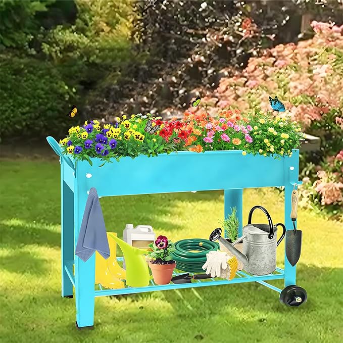 Raised Planter Box Beds with Wheels Legs Elevated Garden Bed for Indoor Outdoor Large Metal Mobile Planter Box with Bottom Shelf for Storing Tools for Vegetables Flower Herb Patio(Blue)