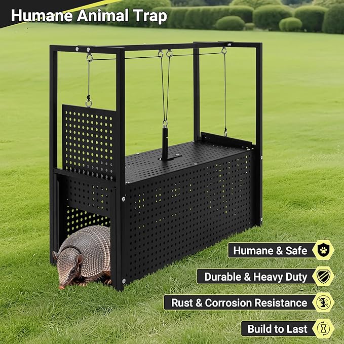 32’’ Armadillo Trap Heavy Duty Steel Live Animal Trap Humane Catch &amp Release for Armadillos Raccoons Cats Skunks &amp Other Medium-Sized Wildlife