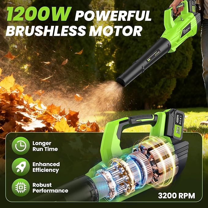 Cordless Leaf Blower 21V Battery 680CFM 190MPH Electric Blower with 5-Variable Speed Turbo Mode Green Black