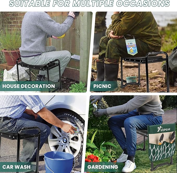 VOPEAK Garden Kneeler and Seat Heavy Duty Foldable Garden Stool with Upgraded Widened Thick Kneeling Pad Stable Garden Kneeler with 2 Large Tool Bags Gardening Gifts for Women Men Seniors Green