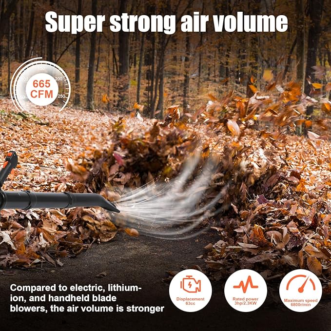 Backpack Leaf Blower 63CC 665 CFM 3HP 2-Stroke Engine Gas Leaf Blower High Strength Gas Powered Leaf Blower Snow Blower Dust Blower for Outdoor from USA Fast Arrival (EB650-XL)