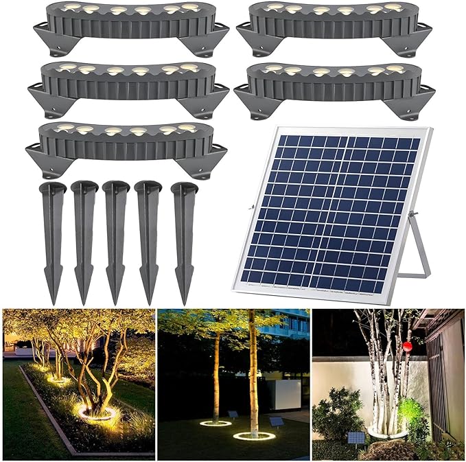 LED Solar Ground Lights Outdoor Ring Tree Ligh Yard Lighting Uplight Landscape Spotlights Made to Last(Warm White LightPack of 5)