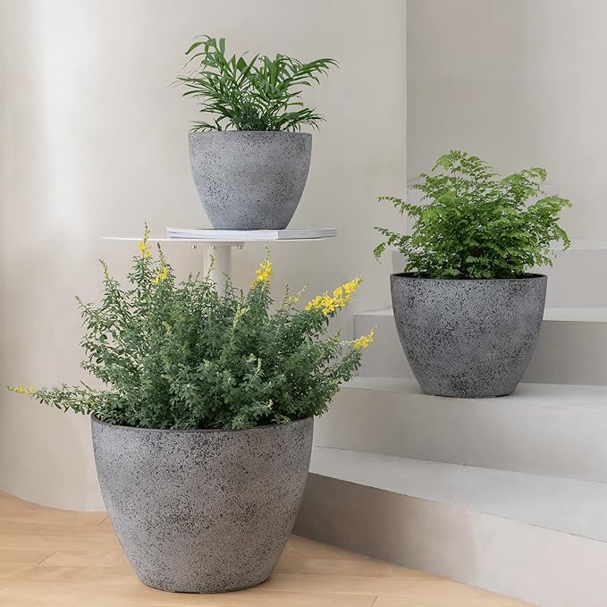 LA JOLIE MUSE 14.2/11.3/8.6 Inch PlantersSet of 3 Indoor/Outdoor Round PlantersGrey Tree PlantersPlant Container with Drain HolesFlower Pots for Patio and Deck