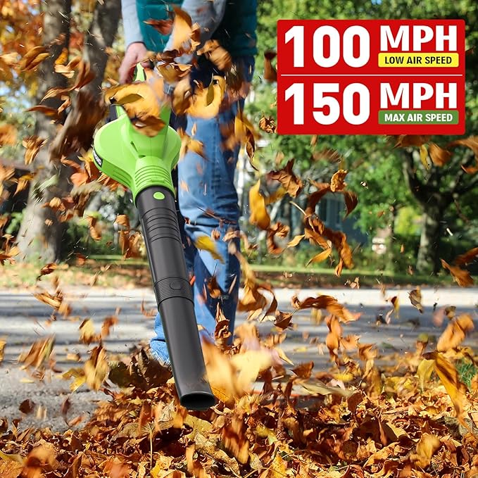 Leaf Blower Cordless 20V Electric Cordless Leaf Blower with 8000mAh Battery and Charger 2 Speed Modes 150MPH Lightweight Battery Powered Leaf Blowers for Lawn Care Patio Blowing Leaves and Snow
