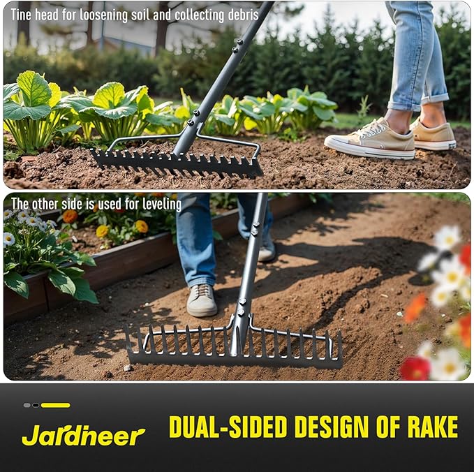 Jardineer Bow Rake Heavy Duty Long Handle Metal Rakes for Gravel Rocks Lawns Leaves Soil Leveling Landscaping Garden Rake with 18 Steel Tines (59 Inches)