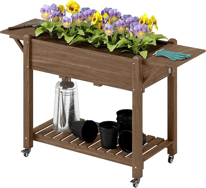 Carbonized Wood Raised Garden Bed Featuring Lockable Wheels Side Shelves Bottom Shelf Hole Drainage Carbonized Surface