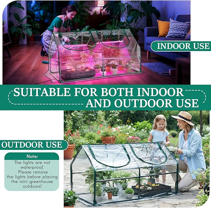 Meonum Mini Greenhouse with Grow Light 47.2 L x 23.6 L x 23.6 W Portable Greenhouses Waterproof UV-Resistant for Indoor/Outdoor Seed Starting (House Shape)