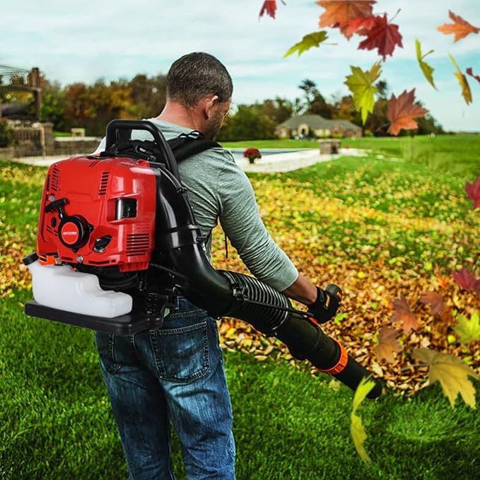 Backpack Leaf Blower 75.6CC - 4-Stroke Gas Leaf Blower with 900CFM &amp 210MPH Variable Speed Cruise Control Backpack Gas Leaf Blowers for Lawn Cleanup and Snow Removal