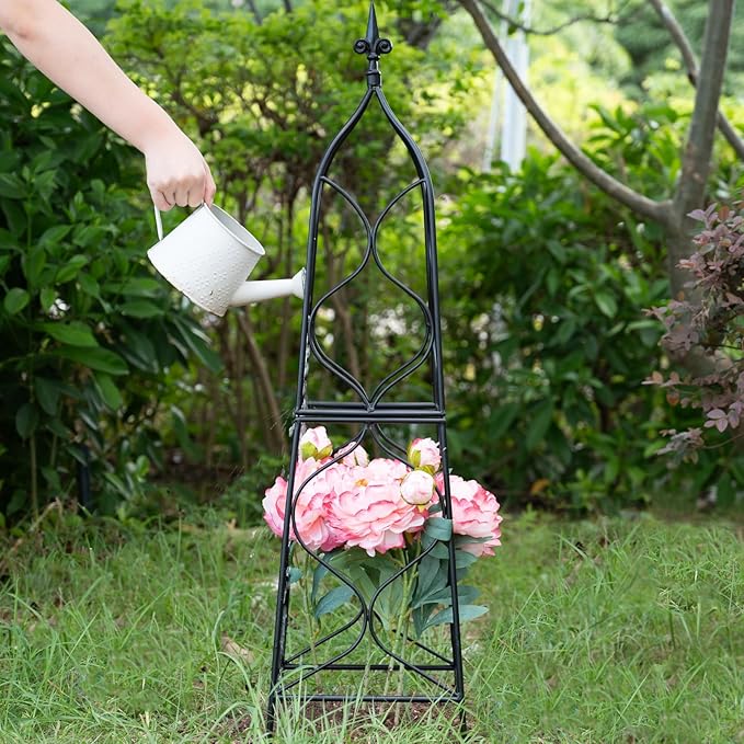 Obelisk Trellis for Garden - 38.3 x 10.03 Durable Metal Climbing Support for Roses Vines &amp Flowers | Elegant Black Design with Decorative Top &amp Hollow Sides