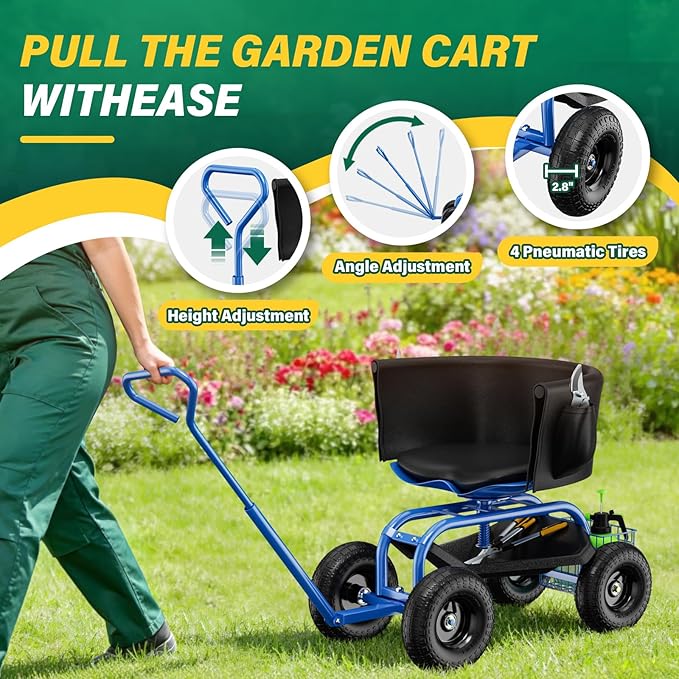 Garden Seat with Wheels Rolling Garden Stool with Adjustable 360°Swivel Seat Storage Basket &amp Extendable Handle Outdoor Gardening Scooter Garden Cart Workseat Stools for Seniors