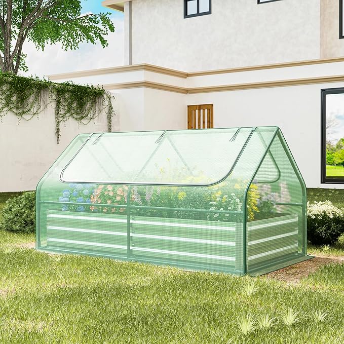 Giantex Galvanized Steel Raised Garden Bed with Mini Greenhouse Outdoor Metal Planter Box Kit with Large Roll-up Cover 71x 35.5x 36 Planter Raised Bed for Flower Vegetable Fruit (Green &amp Silv
