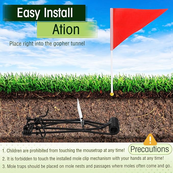 Qualirey 16 Pcs Outdoor Gopher Traps Bulk - Reusable Galvanized Gopher Trap with Red Stick Flags Weather Resistant Mole Vole Trap Killer for Farm Lawn Yard Garden (Black)