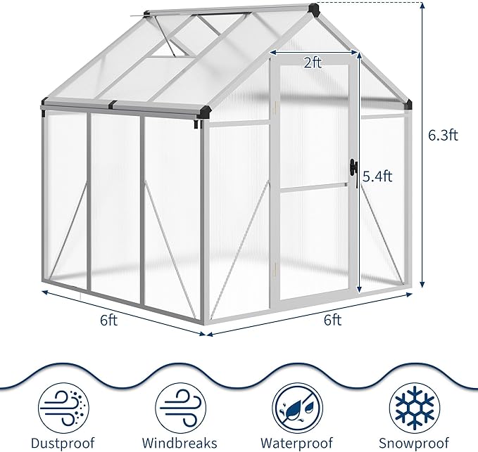 6x6 FT Outdoor Greenhouses Accessible Greenhouses with Roof Vents and Sliding Doors Aluminum Frame Polycarbonate Material Large Greenhouse for Outdoor Gardens and Backyards