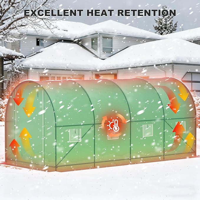 Greenhouses for Outdoors Walk-in Green Houses for Outside Heavy Duty Large Greenhouse with 8 Ventilated Screen Windows &amp 2 Roll-up Doors &amp Reinforced Frame (15×7×7 FT with Irrigation System)