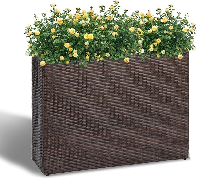 LEWIS&ampWAYNE Large Rectangular Block Planter Box Handmade Wicker Tall Planters for Outdoor Plants with Removable Liners Modern Planter for Indoor Outdoor Patio Deck - Brown 38''x11''x30''