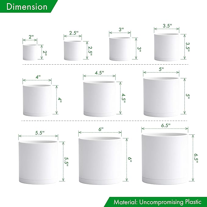 D'vine Dev 10 Pack Plastic Plant Pots for Plants 6.5/6/5.5/5/4.5/4/3.5/3/2.5/2 Inch Indoor Planters Cylindrical Succulent Pot with Drainage Hole and Saucer White 74-S-A