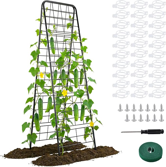 WAENLIR 63x17inch Cucumber Trellis Tomato cage with Dense Steel Grid–A-Frame Heavy Duty Metal Trellis for Raised Beds Cattle Panels for Garden Trellis for Climbing Plants Outdoor (Black 63x17inch)