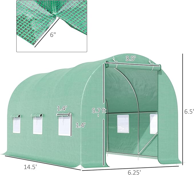 【LuckyNote】 15' x 6' x 7' Walk-in Tunnel Greenhouse Garden Plant Growing House with Door and Ventilation Window Green