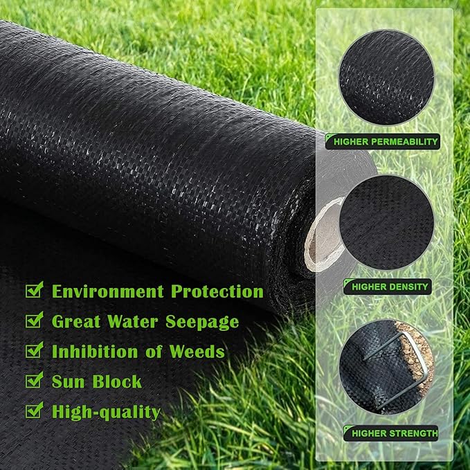 YUEWO 3.2Oz Premium Garden Weed Barrier Landscape Fabric Durable Heavy Duty Ground Cover Garden Cloth Weed Block Gardening Mat with Various Sizes Black
