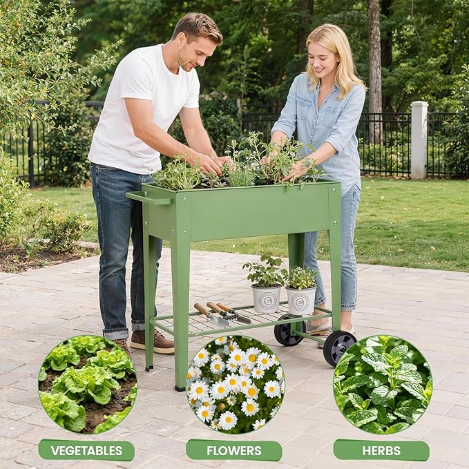 Tall Raised Garden Bed Outdoor with Wheels Metal Elevated Raised Planter Box with Drainage Holes for Vegetables Flower Herbs(Green)