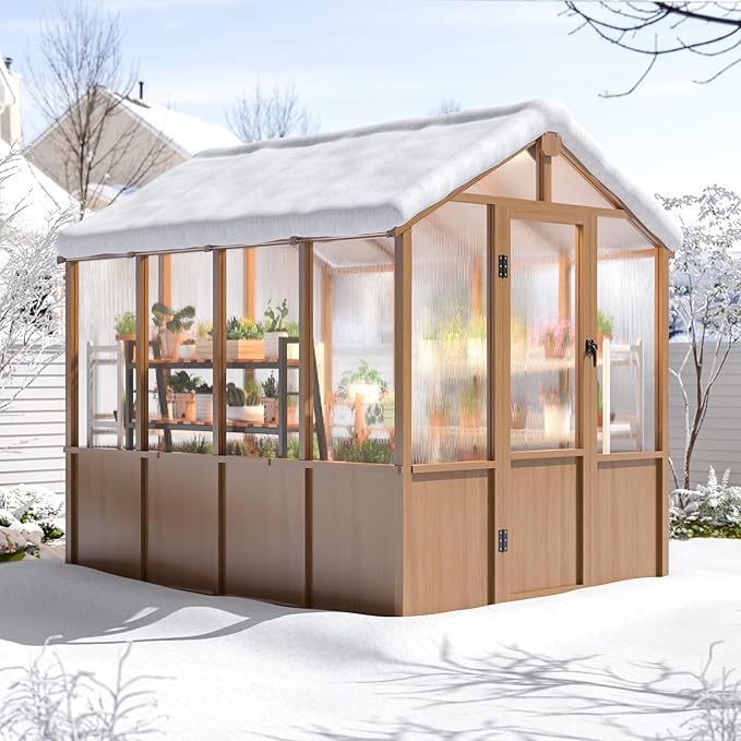 6x8 FT Wooden Greenhouse with Cedar Frame Walk-in Heavy Duty Green House for Outdoors with 6MM Thick Polycarbonate Panel and Adjustable Roof Vents Garden Backyard Patio Lawn Wood Colour