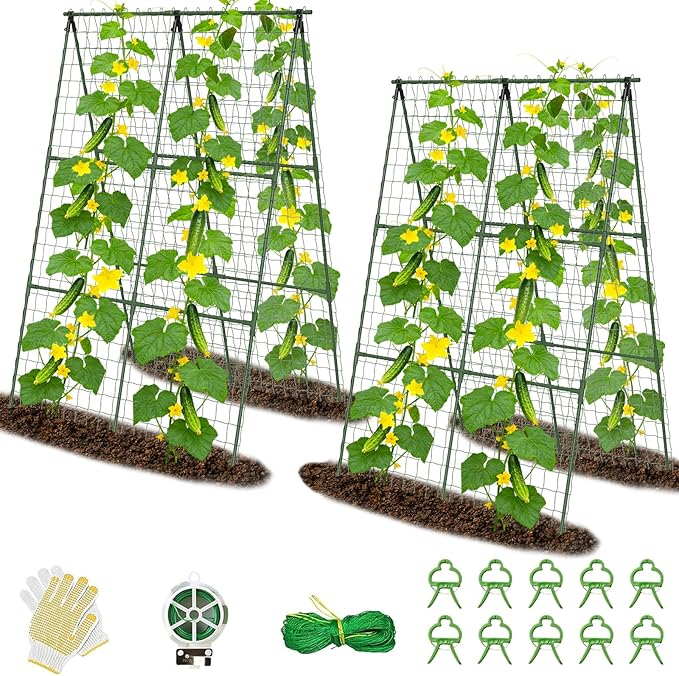 Cucumber Trellis for Raised Bed 32 L x 48 H A-Shape 2 Pack 11mm Garden Trellis for Climbing Plants Outdoor Metal Arch Trellis for Vegetables Plant Support for Tomato Pea Zucchini Grape Flowers