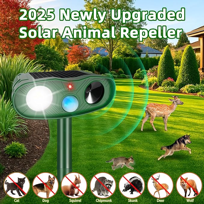 2Pack 2026 Solar Ultrasonic Animal Repellent Outdoor Cat Repellent Devices with Motion Detection&ampFlash Light Squirrel Rabbit Dog Cat DeterrentKeep Rodent Chipmunk Raccoon Deer Away for Yard Garde