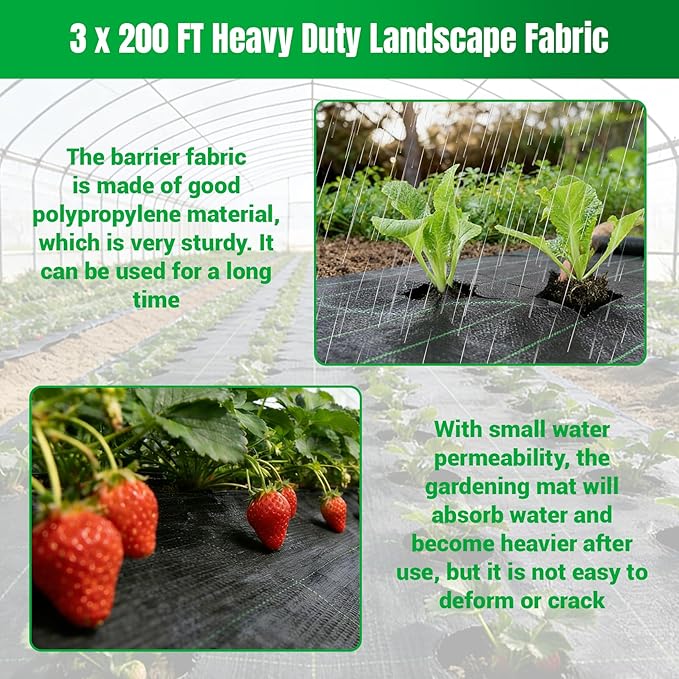 Weed Barrier Fabric Planting Cover - 3 x 200 FT Heavy Duty Landscape Fabric Ground Cover Block for Outdoor Planting