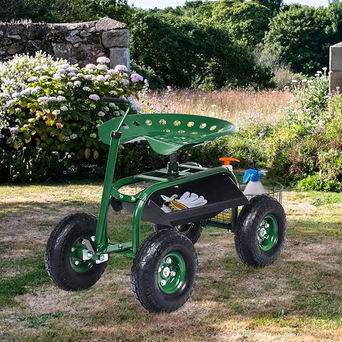 Goplus Rolling Garden Seat with Wheels Outdoor Gardening Scooter with 360° Swivel Seat Tool Tray &amp Basket Adjustable Steering Handle for Lawn Gardening Stool Garden Cart for Planting