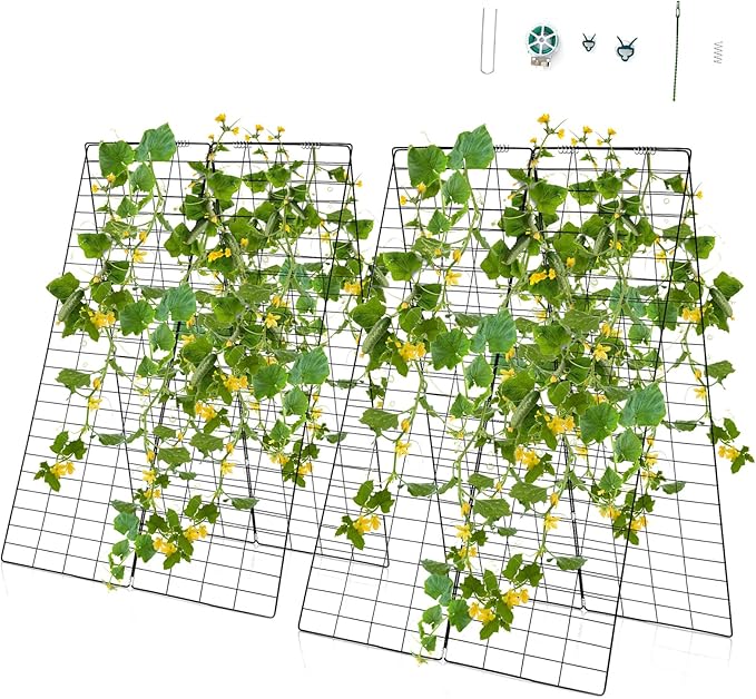 S AFSTAR 46 x 34 Inch Cucumber Trellis for Garden 16 PCS Foldable A-Shape Plant Support W/36 Clips 32 Ground Stakes 16 Spiral Connectors 24 Cable Tie Twist Tie Garden Trellis for Climbing Plants