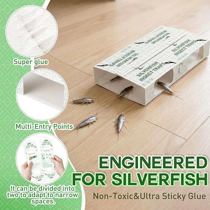 96 Traps Silverfish Traps 48 Sheets Silverfish Killer Indoor Non Toxic Sticky Insect Killer with Dual Color Pattern Lure for Crawling Detachable Use as 96 Small or 48 Large