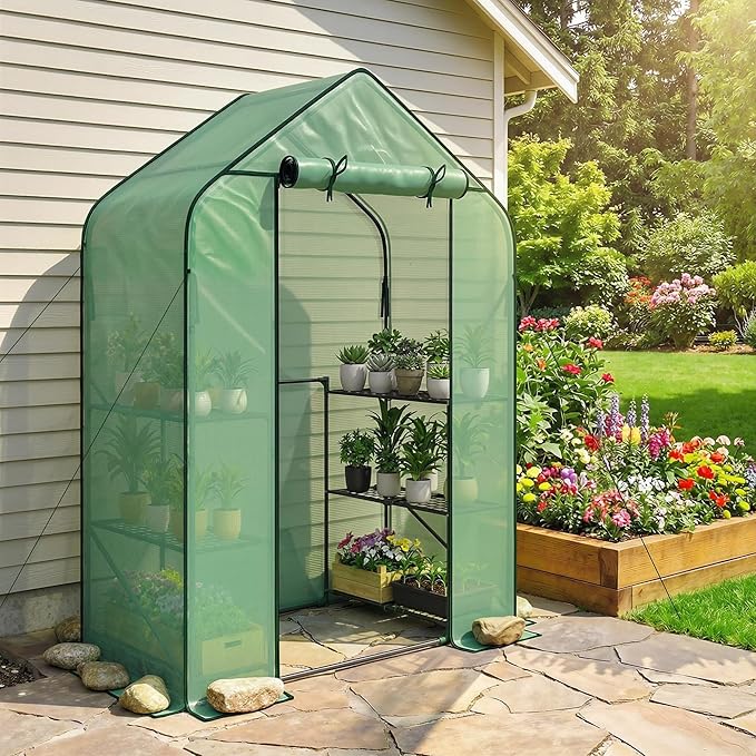 Outsunny 4.7' x 2.3' x 6.2' Small Greenhouse for Outdoors 3 Tiers 6 Shelves Portable Greenhouse with UV-Resistant PE Cover Walk-in Green House with Roll-Up Door Green
