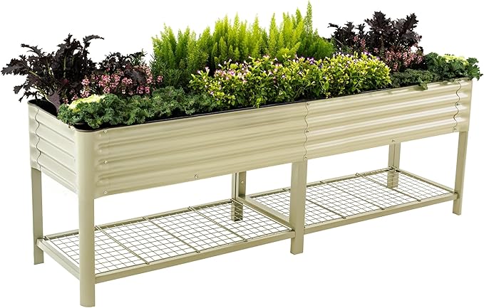 Elevated Raised Garden Bed-V Series 2' x 8' Garden Beds with Legs &amp Storage Rack for Patio Porch 1400 Lbs Weight Capacity Outdoor Planter Boxes for Gardening Herbs Vegetables Flowers Pearl Whi