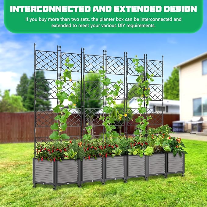 DoCred 63 H Raised Garden Bed Planter Box with Trellis Floorstanding Vertical Horticulture Planter Box Tomato Cage with Wheels for Vine Climbing Plants Flowers Herbs
