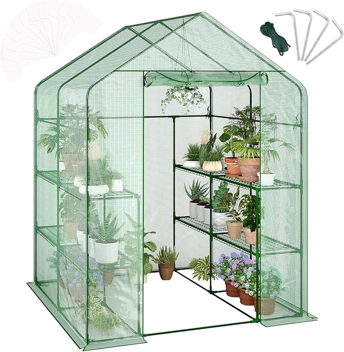 57x57x77 Inch Greenhouse for OutdoorPortable Walk in Greenhouses with Thicken PE CoverDurable Green House Kit with Window Vent 3 Tier 12 Shelves for Indoor Backyard Outside