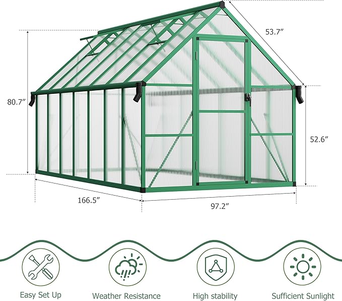 8x14 FT Outdoor Greenhouse Polycarbonate Greenhouse with Roof Vent and Ground Nails Aluminum Large Walk-in Green House w/Lockable Push Door for Outside Garden Backyard (8x14 FT)