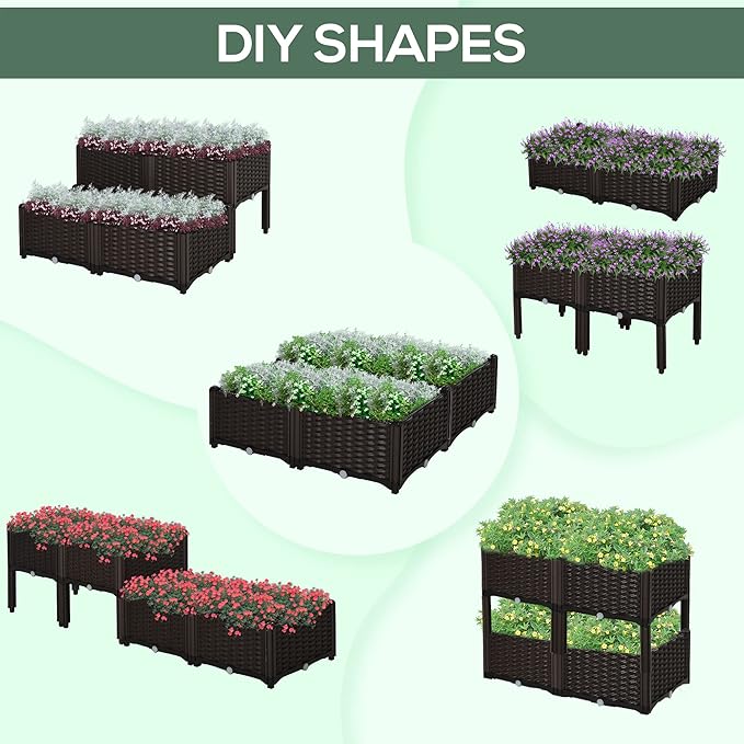4 Piece Raised Garden Bed with Legs Self-Watering Planter Box Raised Bed to Grow Flowers Herbs &amp Vegetables Brown